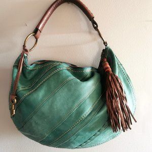 Vintage Fossil Teal Patchwork Boho Leather Shoulder Bag with Leather Tassel